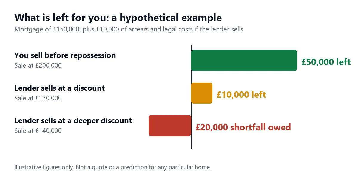Bar chart of a hypothetical example with a 150,000 pound mortgage. Selling yourself at 200,000 pounds leaves 50,000 pounds. A lender sale at 170,000 pounds leaves 10,000 pounds. A lender sale at 140,000 pounds leaves a 20,000 pound shortfall still owed.