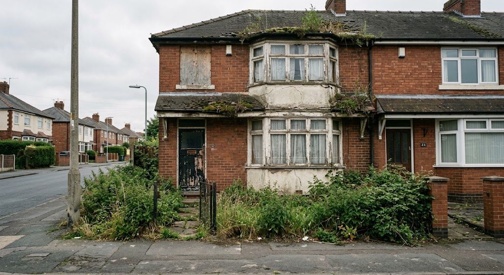 A vacant, unmodernised 1930s brick semi-detached house with a boarded window and an overgrown front garden