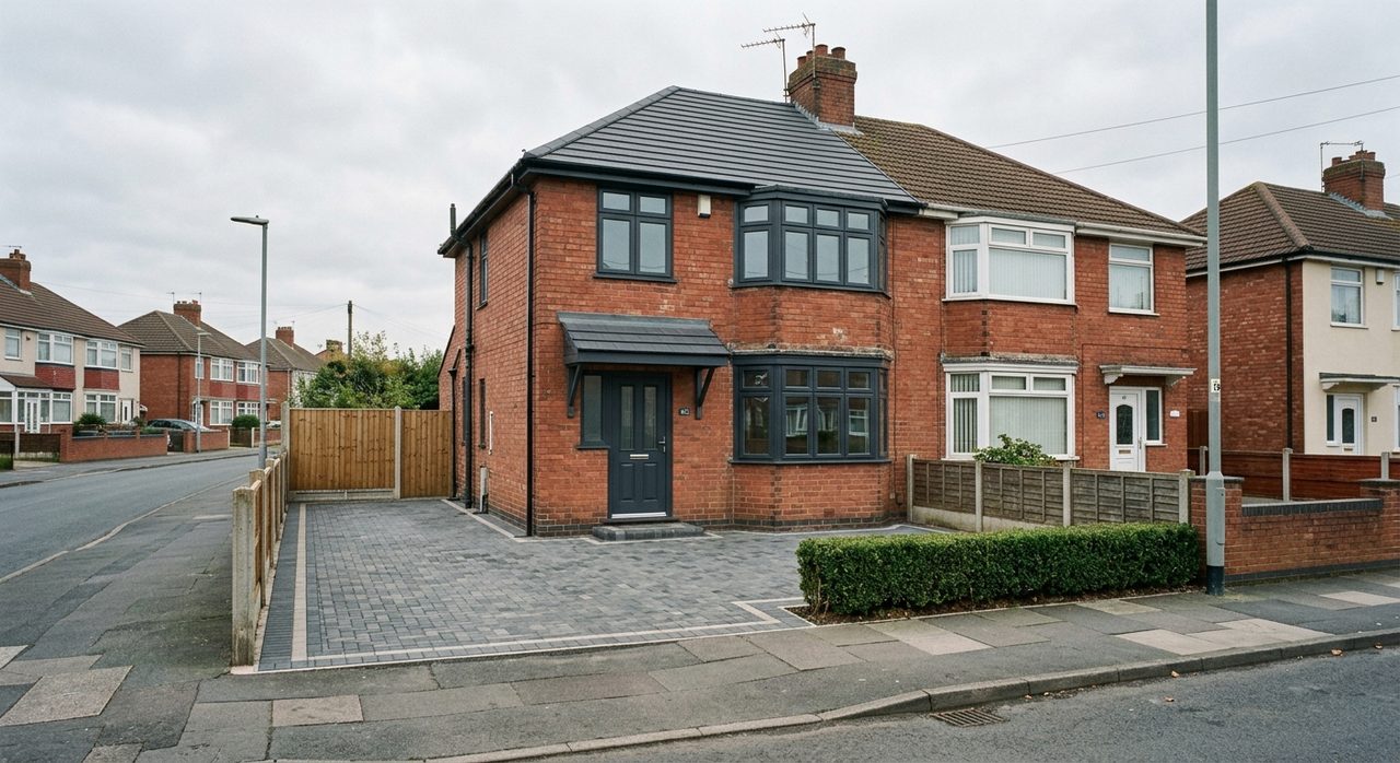 A Birmingham semi-detached house after refurbishment, with new windows, door, roof and driveway