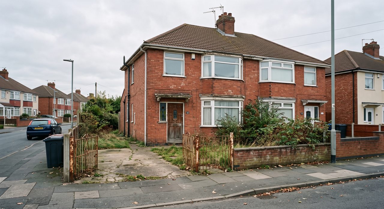The same Birmingham semi-detached house before refurbishment, vacant with an overgrown garden