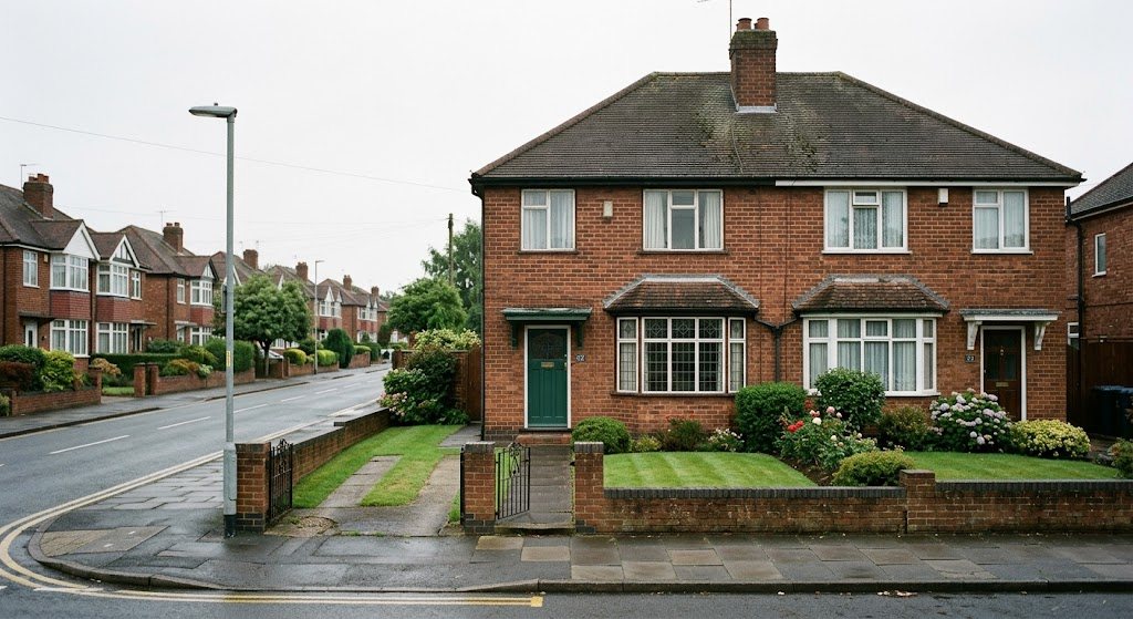 A red brick 1930s semi-detached house on an ordinary West Midlands street
